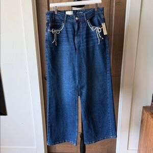 Pilcro Dark Blue Straight-Leg Jeans with Pearl Embellishment